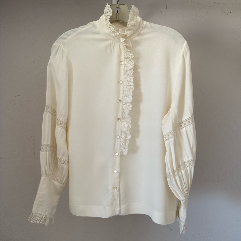 Ivory Lace-Trim High-Neck Blouse